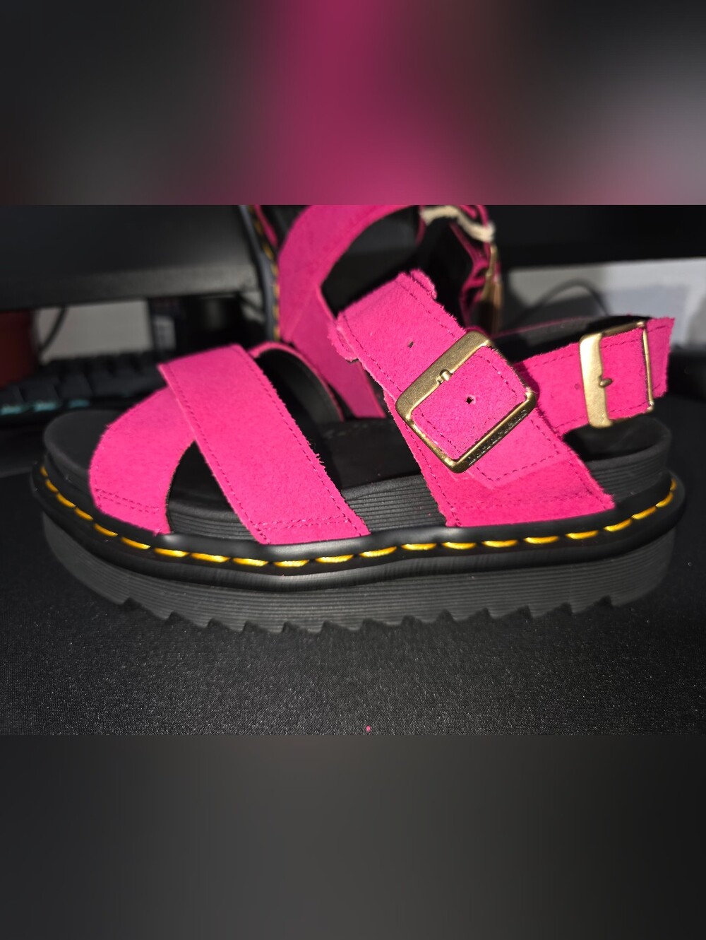 Dr. Martens Hot Pink Suede Buckle Sandals